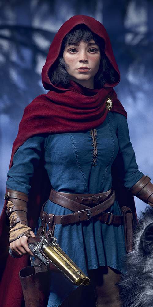 High-poly 3D Red Riding Hood character concept with wolf head and weapon